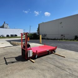 Custom Aerospace MRO Battery Powered Mobile Support Scissor Lift, Shown in Lowered Position, Isometric View.