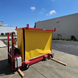 Custom Aerospace MRO Battery Powered Mobile Support Scissor Lift, Fully Raised, Safety Skirt, Control Box, Isometric View