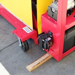 Custom Aerospace MRO Battery Powered Mobile Support Scissor Lift, Close up View of Battery Housing, DC Motor, Battery Charger, Serial Number Tag, and Phenolic Casters
