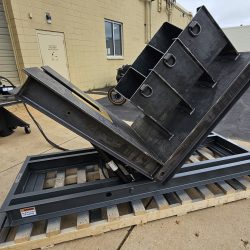 Hydraulic Tilter/Upender for Materials Processing Manufacturer, Partially Tilted, Remote Power Unit on Lift Table, Isometric View