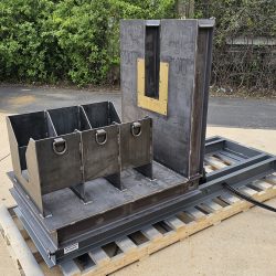 Hydraulic Tilter/Upender for Materials Processing Manufacturer, Fully Tilted, D-Rings, Bronze Plate, Isometric View